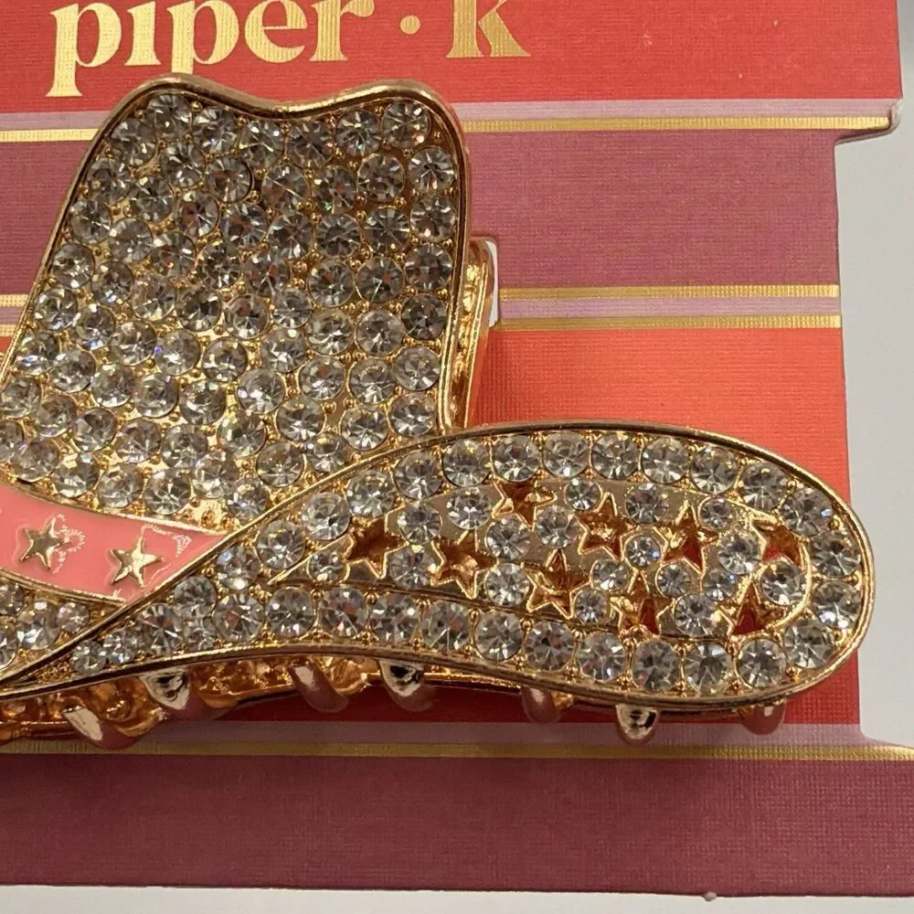 Piper K Rhinestone Cowgirl Hat Hair Claw Clip Western Rodeo Bling Pink Gold